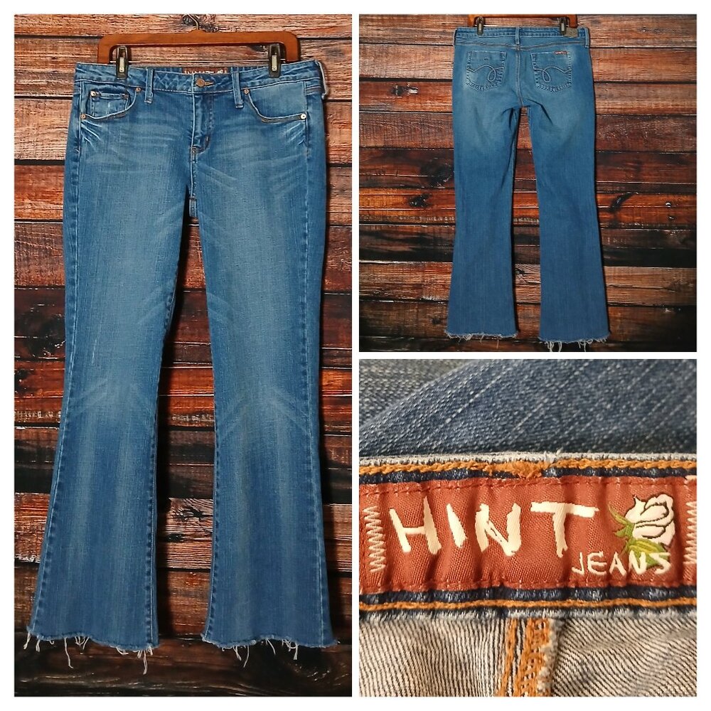 HINT Y2K Jeans Size 10 Boot Cut Low Rise Raw Hem Distressed Blue Denim Stretch